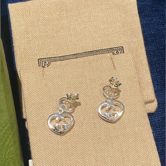 Gucci Love Britt Double Heart Drop Earrings Interlocking G Authentic - Picture 2 of 7